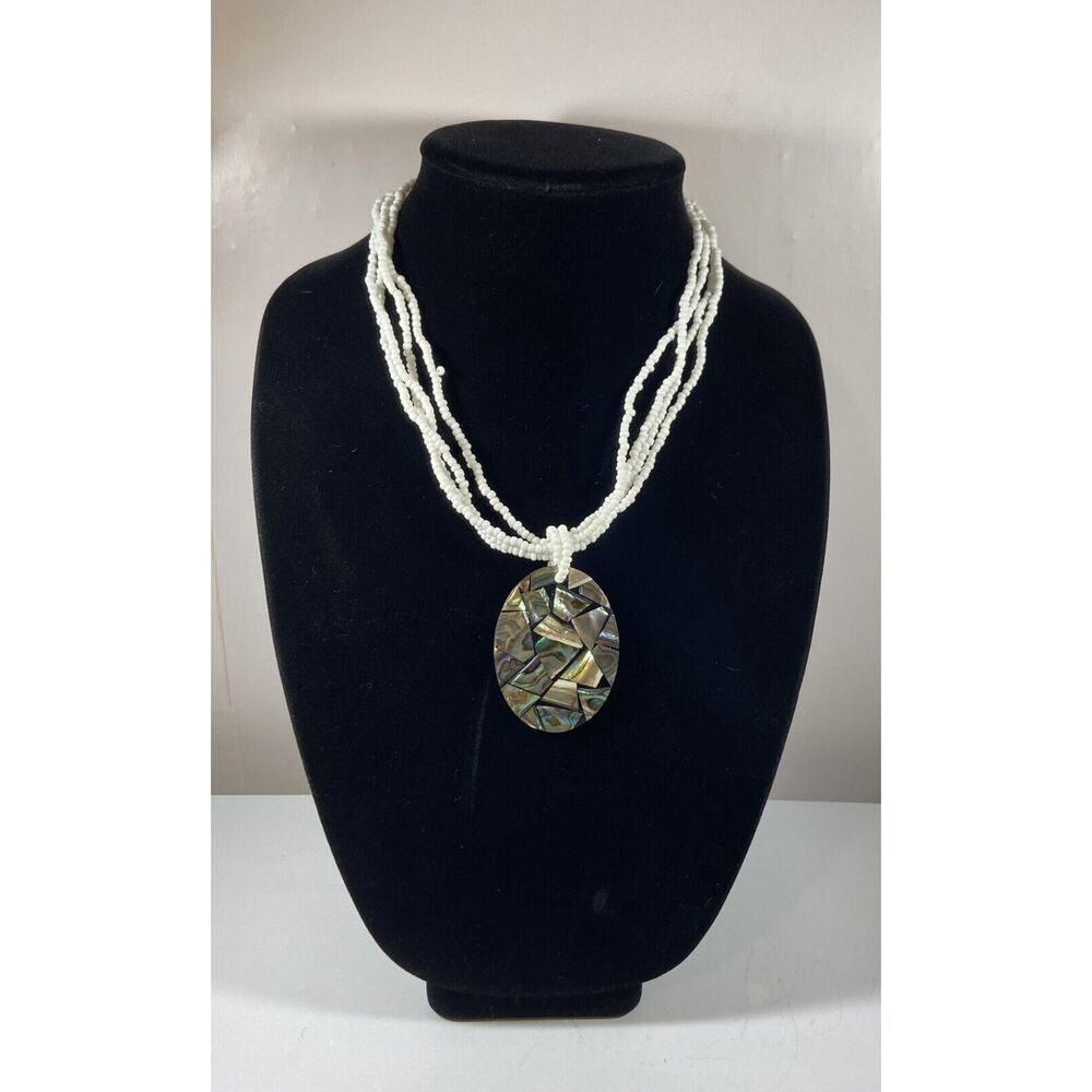 4 Strand White Seed Bead Necklace w Large Oval Abalone Pendant Beach Mermaid
